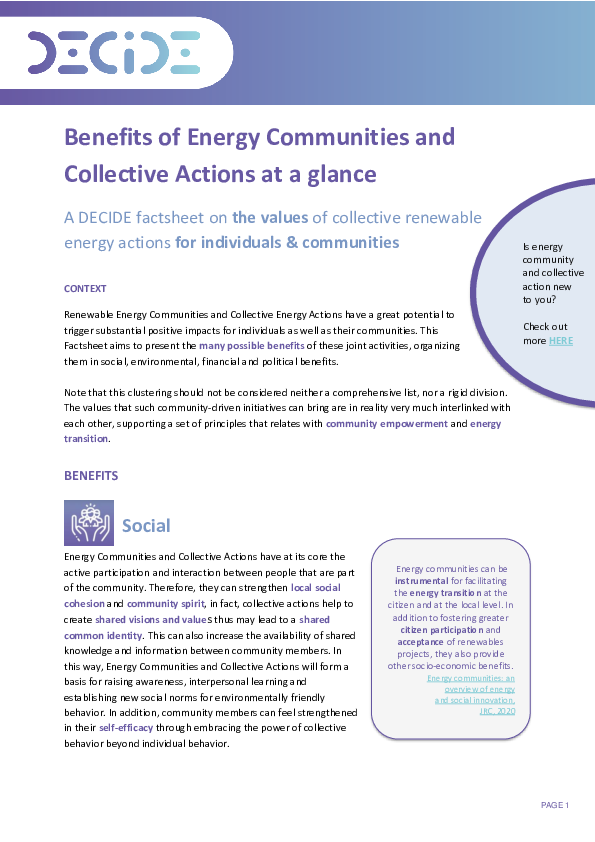 DECIDE - Factsheet 2 - Benefits of Energy Communities and Collective Actions at a glance - The values of collective renewable energy actions for individuals & communities