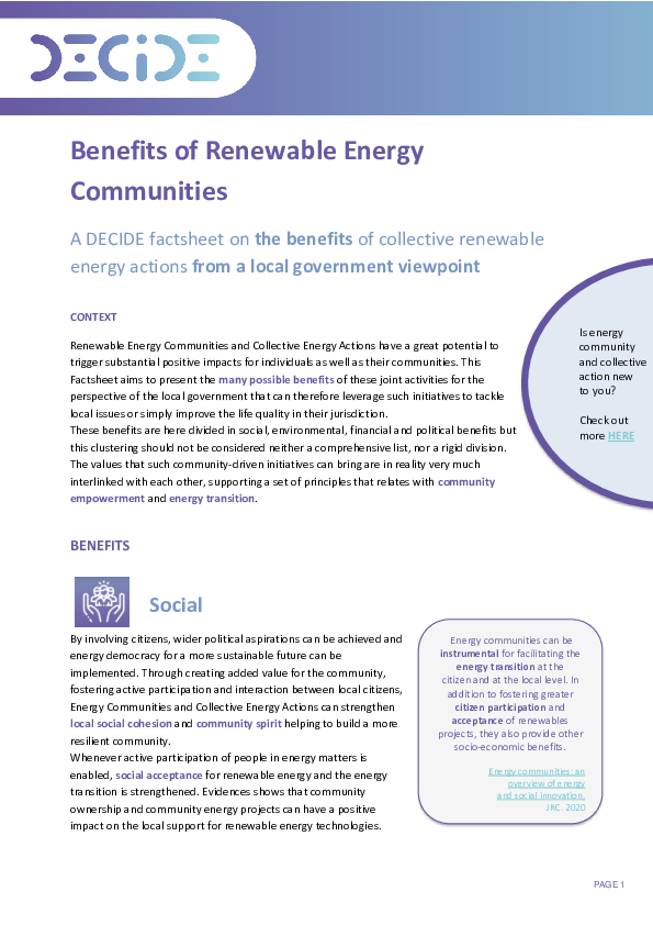 DECIDE - Factsheet 1 - Benefits of Renewable Energy Communities from a local government perspective